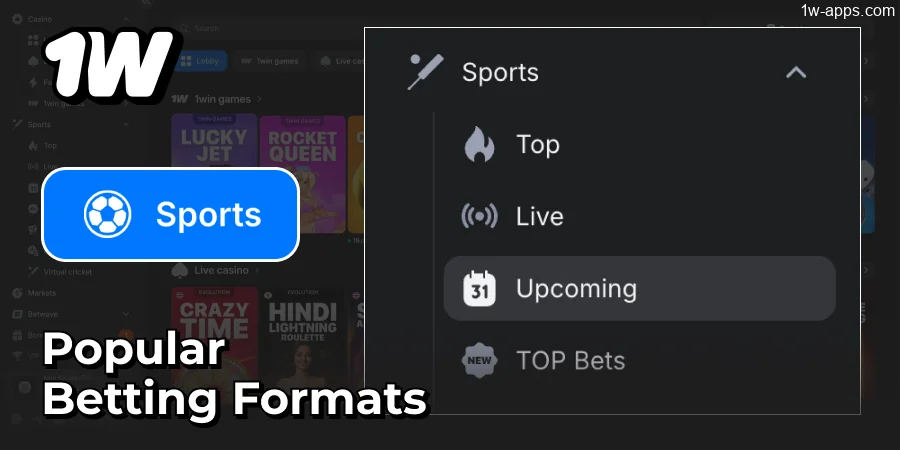 1w App pre-match and live betting formats