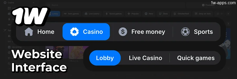 1w App Interface: sports, casino, account