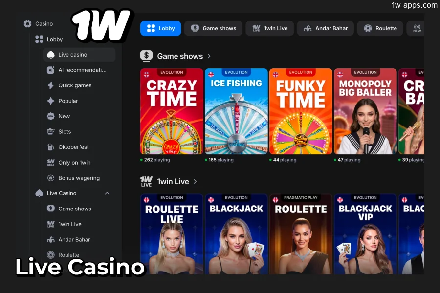 1w App Live Casino tables