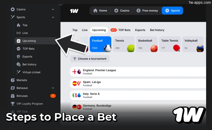 1w App First Bet Placement Steps