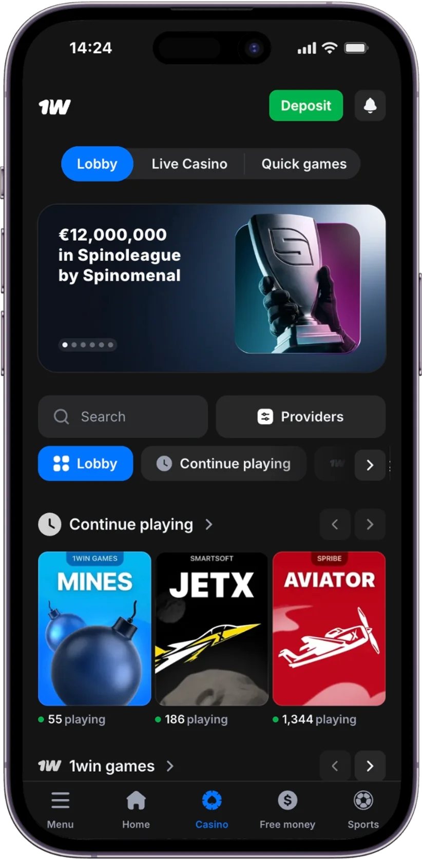 Screenshot of the 1w App Casino page
