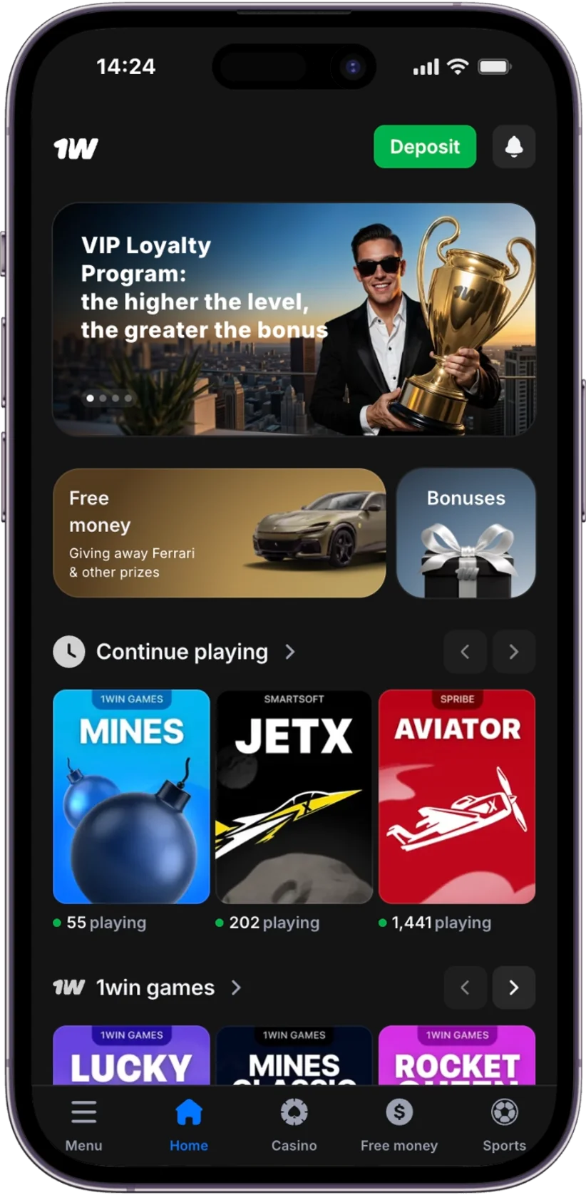 Screenshot of the 1w App Main page