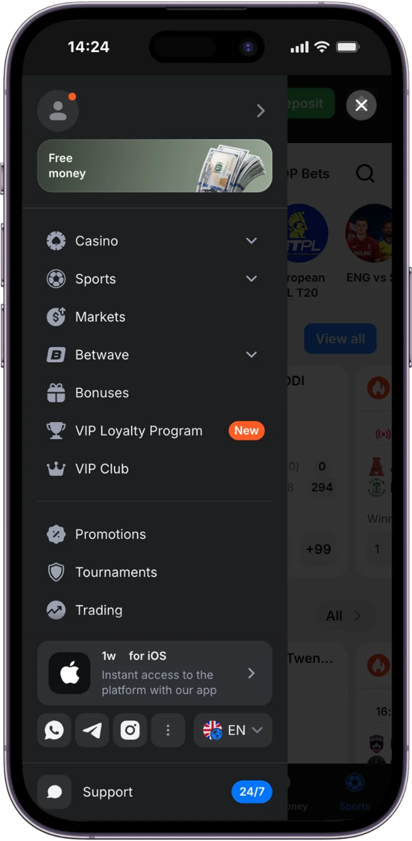 Screenshot of the 1w App Side Menu