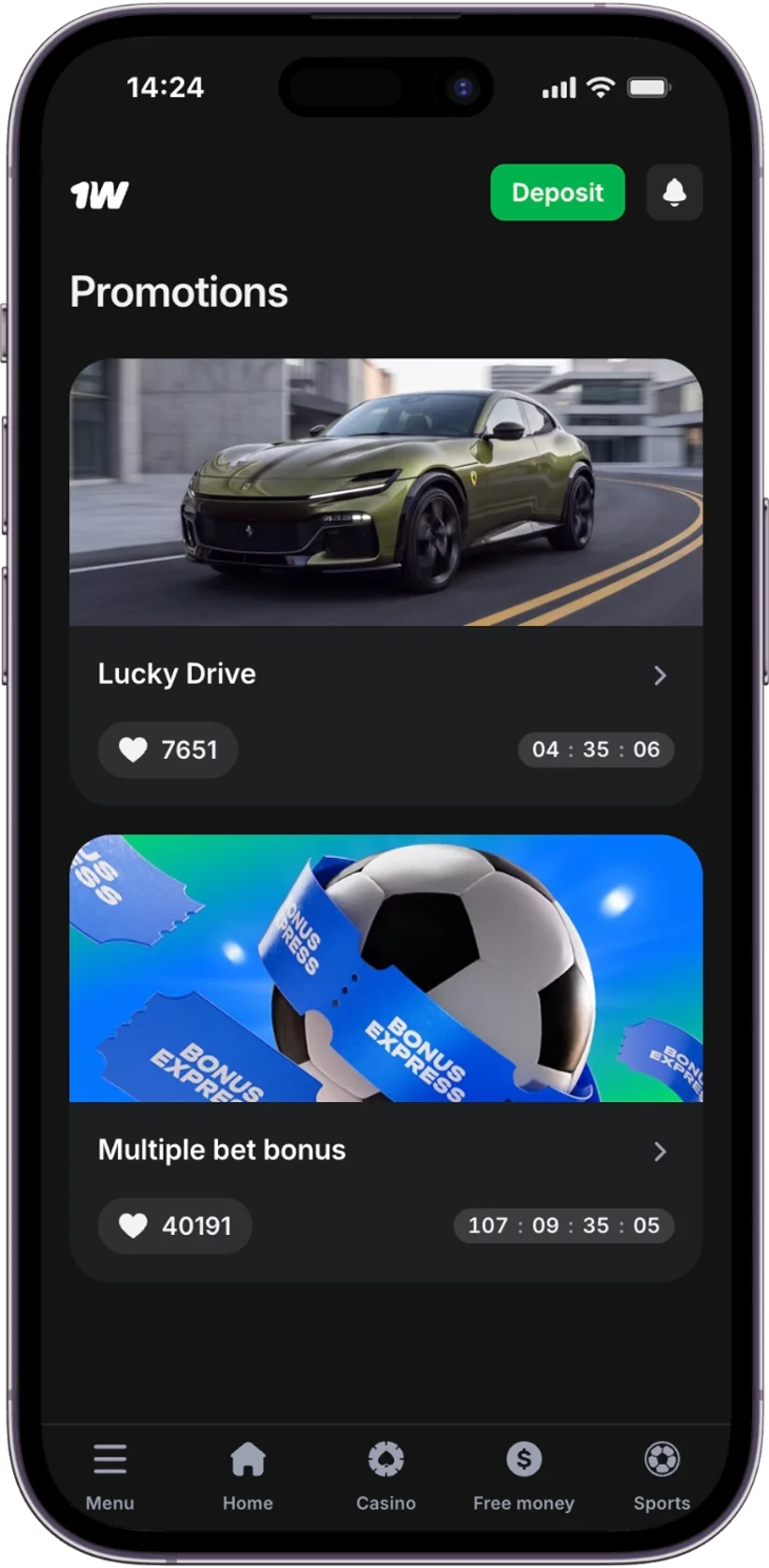 Screenshot of the 1w Promotions page