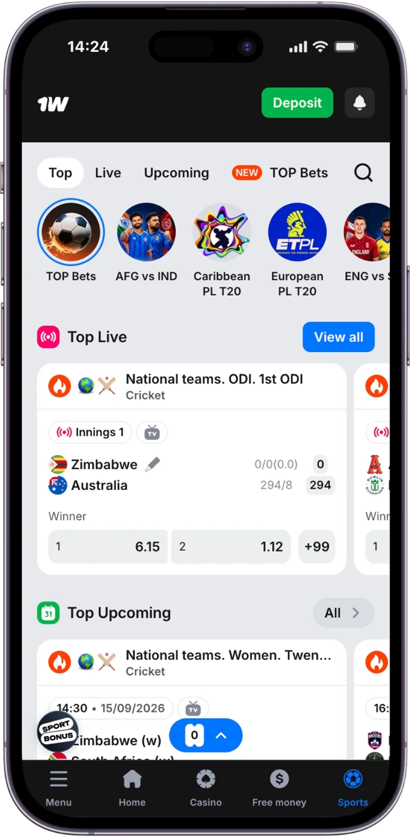 Screenshot of the 1w App Sports Betting page